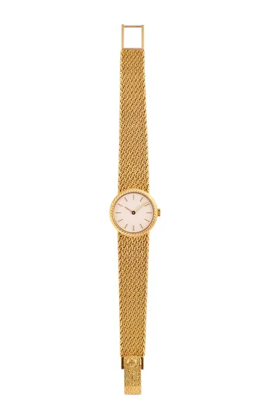 白い背景にスタイリッシュな金色の時計のクローズアップショット — ストック写真