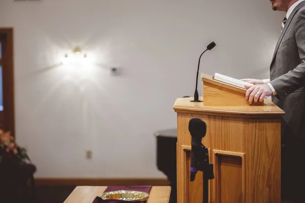 Male Grey Suit Preaching Words Holy Bible Altar Church — Stock Photo, Image