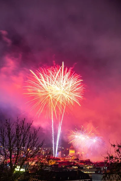 Disparo Vertical Los Fuegos Artificiales Colores Sobre Una Ciudad Cielo —  Fotos de Stock