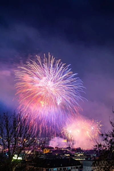 Вертикальний Знімок Барвистих Феєрверків Над Містом Вогнями Вночі — стокове фото