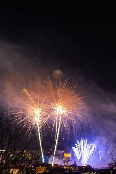 Vertical Shot Beautiful Colorful Fireworks City Night Sky — Stock Photo, Image
