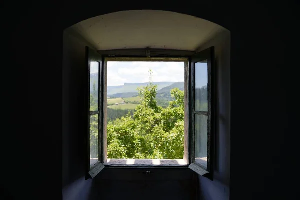 Una Splendida Vista Delle Montagne Degli Alberi Verdi Dalla Finestra — Foto Stock