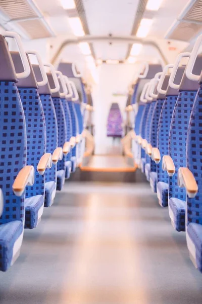 Világos Kék Ülések Egy Üres Vonaton Németországban Gazdaságos Vonatfotelek Tökéletes — Stock Fotó