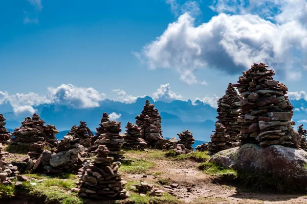 View Stone Stacks Field Cloudy Blue Sky South Tyrol Italian — Stock Photo, Image