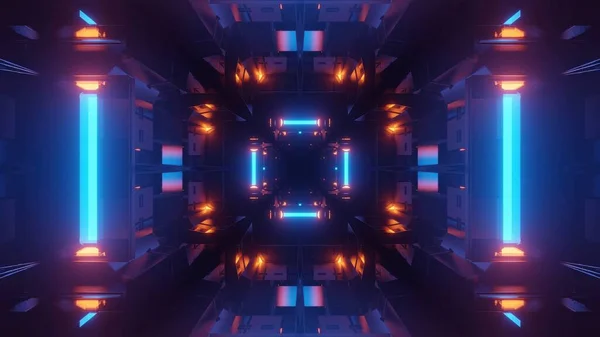 Een Weergave Futuristische Illustratie Met Blauw Oranje Gloeiende Neon Lichten — Stockfoto