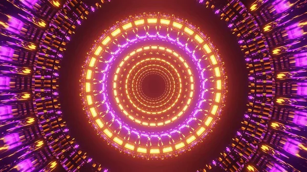 Рендеринг Абстрактной Иллюстрации Геометрическими Формами Желтыми Фиолетовыми Светящимися Неоновыми Огнями — стоковое фото