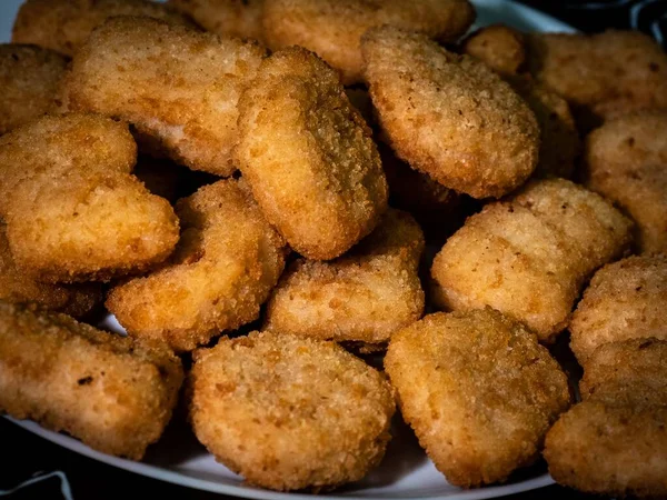 High Angle Shot Pile Delicious Homemade Chicken Nuggets White Plate — Stock Photo, Image