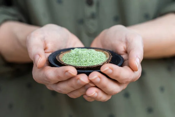 Elinde Çiğ Vejetaryen Yiyecekler Için Kullanılan Yeşil Toz Tabağı Tutan — Stok fotoğraf