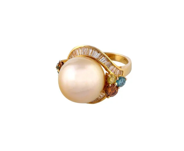 Een Prachtige Ring Met Een Parel Kleurrijke Edelstenen Geïsoleerd Een — Stockfoto