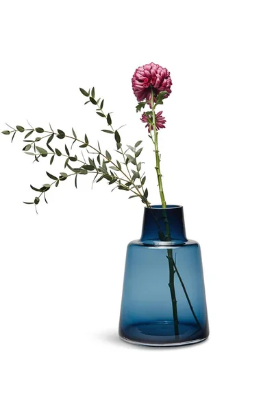 Vertical Shot Dahlias Blue Glass Vase Lights Isolated White Background — Stock Photo, Image