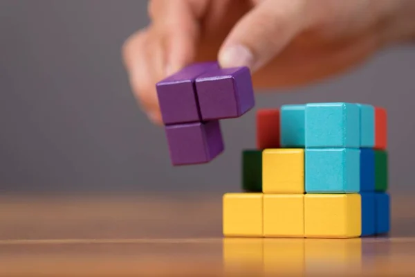Close Colorido Cubo Madeira Puzzle Conceito Inteligência — Fotografia de Stock