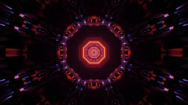 幾何学的な形状の抽象的なイラストと暗い背景に輝くカラフルなネオンライト — ストック写真