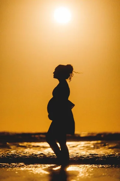 Вертикальний Знімок Силуету Вагітної Жінки Йде Пляжі Заході Сонця — стокове фото
