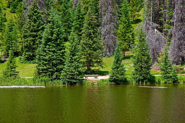 Eine Atemberaubende Seenlandschaft Umgeben Von Wunderschönem Grün Unter Wolkenverhangenem Himmel — Stockfoto