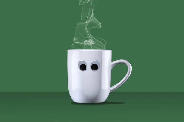 Иллюстрация Белой Кружки Глазами Наполненными Напитком Зеленом Фоне — стоковое фото