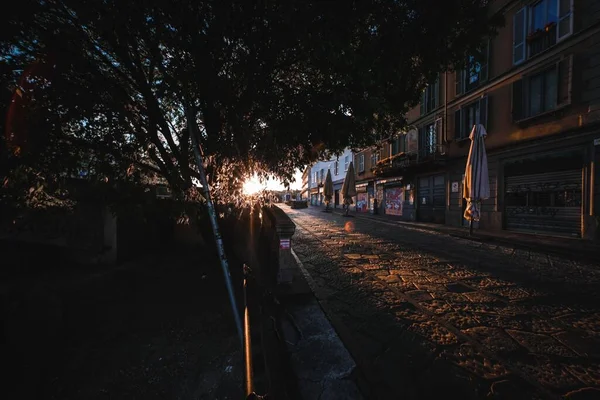 Μια Καταπληκτική Λήψη Ενός Λιθόστρωτου Μονοπατιού Κάτω Από Φώτα Της — Φωτογραφία Αρχείου