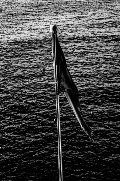 海の上に波状の旗の垂直グレースケールショット — ストック写真