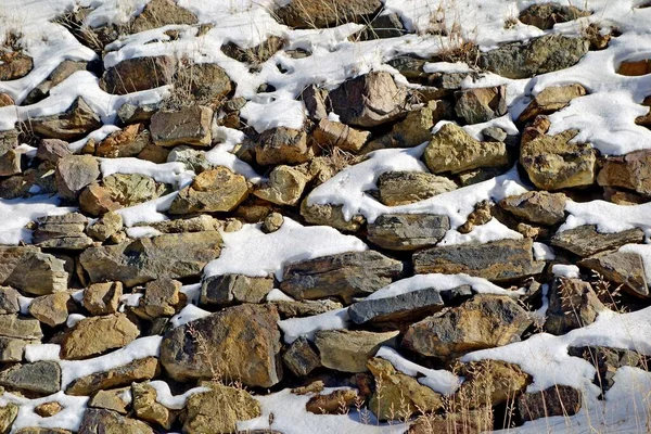 Lot Rocks Different Sizes Covered Snow — Stock Photo, Image