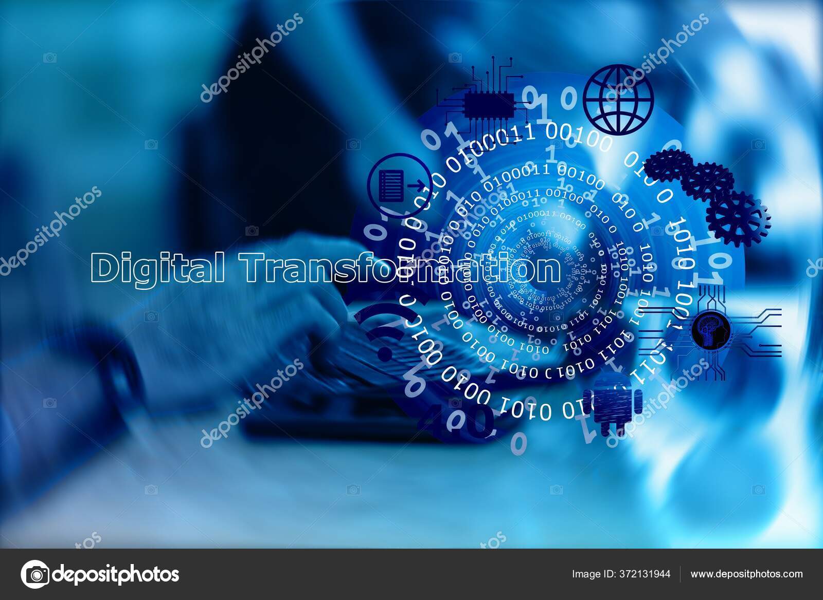 人間の手でキーボードを背景に打ち込む技術的アイコンのイラスト ストック写真 C Wirestock