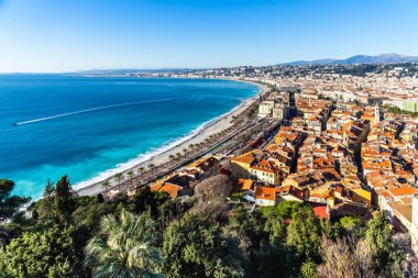 A scenic aerial view of Promenade des Anglais in Nice France with the sea on the left clipart
