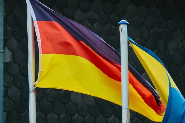 Shot Waving German Ukrainian Flags National Concept — Stock Photo, Image