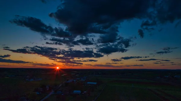 Aerial Shot Field Houses Beautiful Sunset Cloudy Sky — Stock Photo, Image