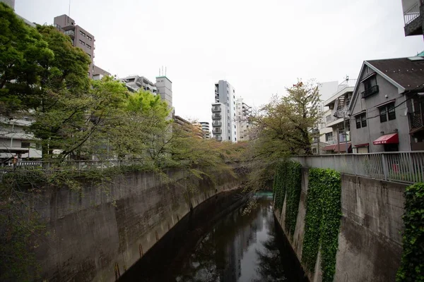Uma Imagem Canal Que Flui Pela Cidade Sob Céu Nublado — Fotografia de Stock