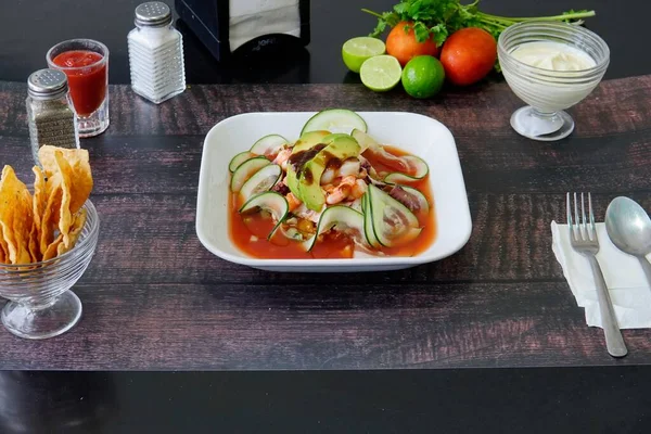 Plate Mexican Seafood Soup Cucumbers — Stock Photo, Image