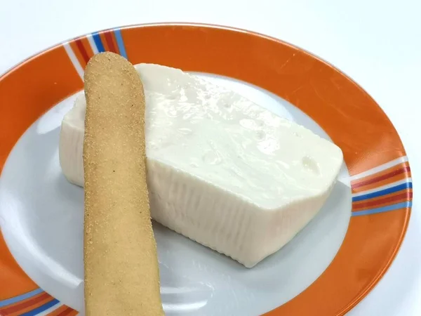 Closeup Shot Soft Cheese Bovine Stracchino Plate White Isolated Background — Stock Photo, Image