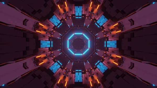 幾何学的な形状の抽象的なイラストと暗い背景に輝くカラフルなネオンライト — ストック写真