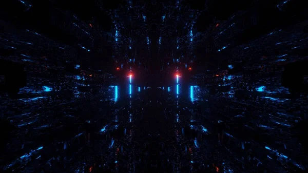 Geometrik Şekillerin Koyu Arkaplanda Mavi Kırmızı Parlayan Neon Işıklarla Soyut — Stok fotoğraf
