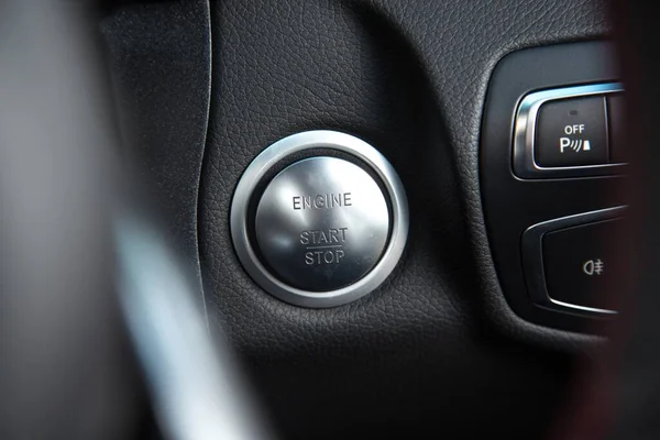 Closeup Engine Start Stop Button Black Luxury Car — Stock Photo, Image