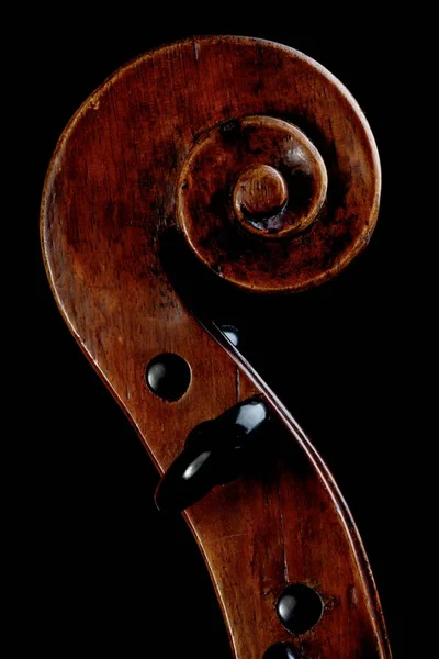 Closeup Shot Details Head Old Wooden Violin Isolated Black Background — Stock Photo, Image