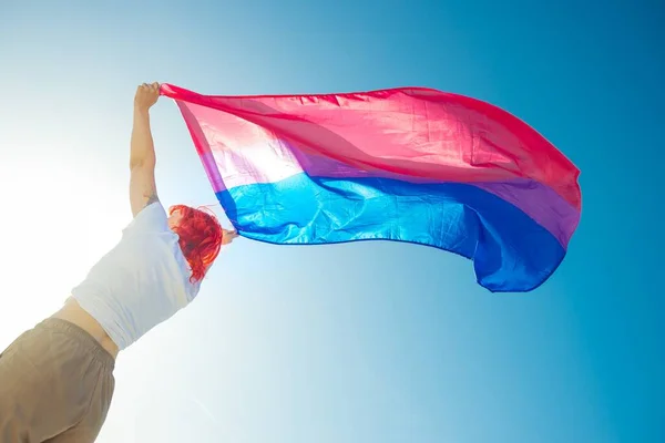 Low Angle Shot Female Waving Red Blue Flag — Stock Photo, Image