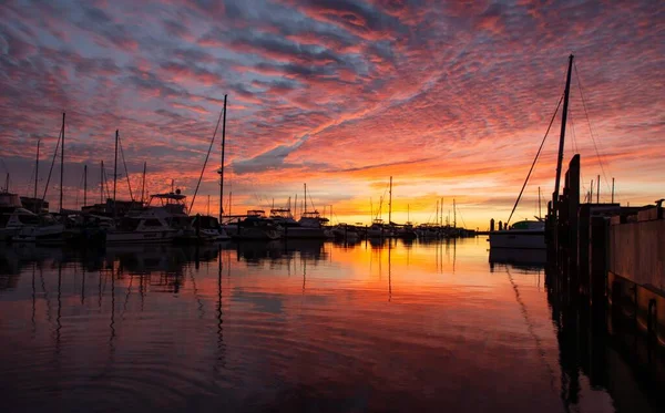 Закат Пристани Прекрасными Цветами Небе Силуэт Лодки — стоковое фото
