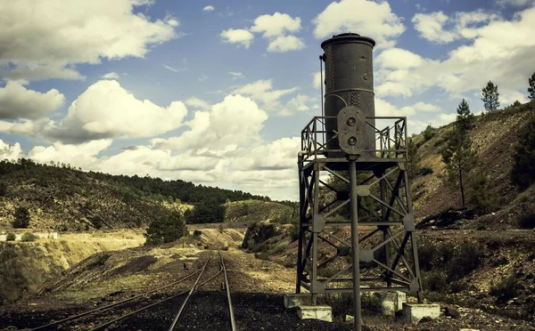 Railway Track Next Water Tower Surrounded Hills Greenery — Stock Photo, Image