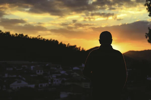 View Silhouette Man Enjoying Breathtaking Sunset Mountains Orange Sky — Stock Photo, Image