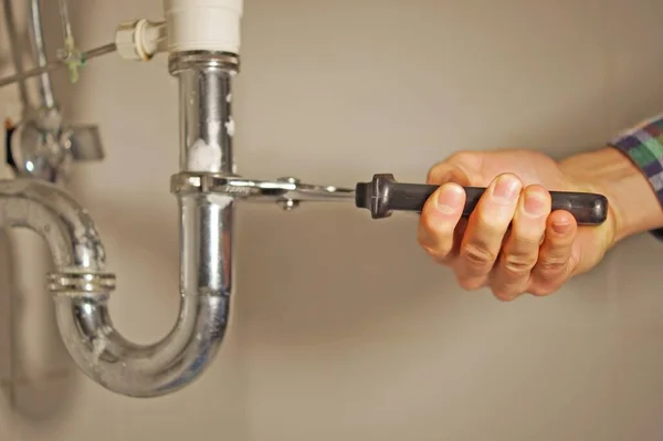 Professional Installer Spanner Checking Pipe — Stock Photo, Image