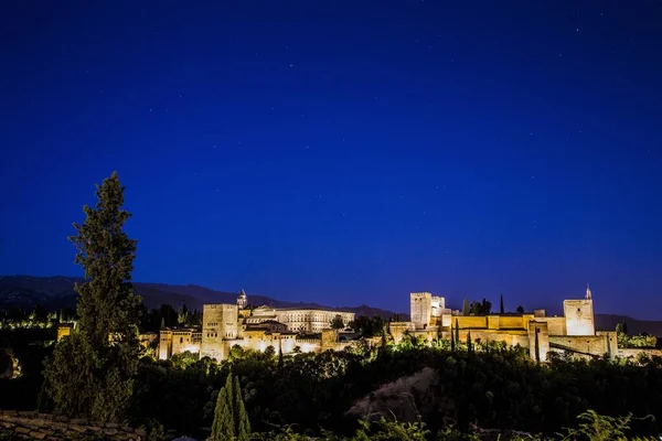 Une Belle Vue Sur Palais Alhambra Grenade Espagne Nuit — Photo