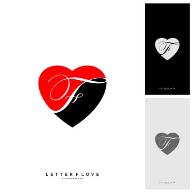 F harfi kalp logosu tasarım şablonu elementleri. Aşk logosu kavramlı ilk F - Vektör