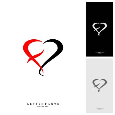 F harfi kalp logosu tasarım şablonu elementleri. Aşk logosu kavramlı ilk F - Vektör