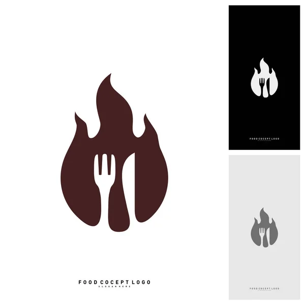 Vector de logotipo de filete caliente con forma de llama, tenedor y cuchillo. Plantilla de logotipo de fuego de alimentos - Vector — Vector de stock