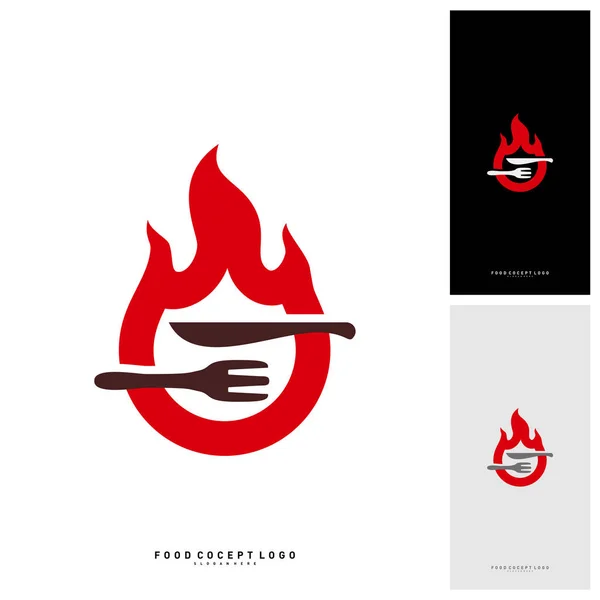 Vecteur de logo Steak chaud avec flamme, fourchette et forme de couteau. Modèle de logo de feu alimentaire - vecteur — Image vectorielle