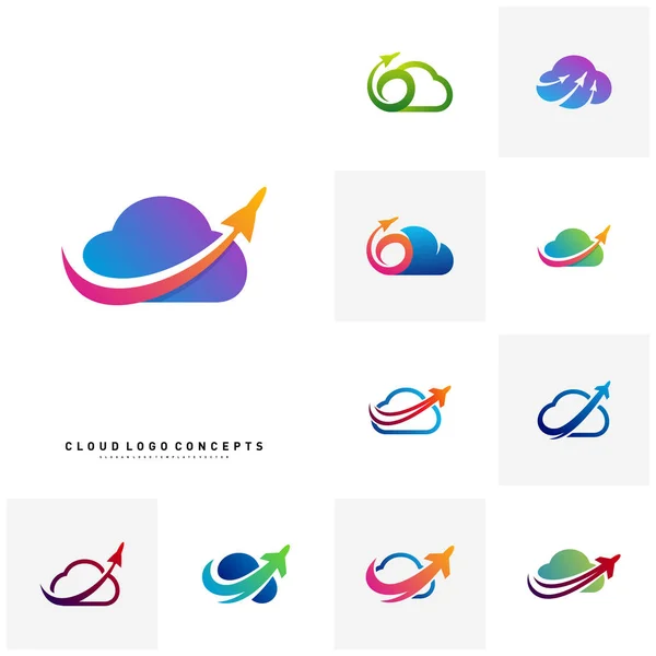 Conjunto de Airplane Cloud Logo Design Concept Vector. Vector de plantilla de logotipo de nube de transporte — Vector de stock