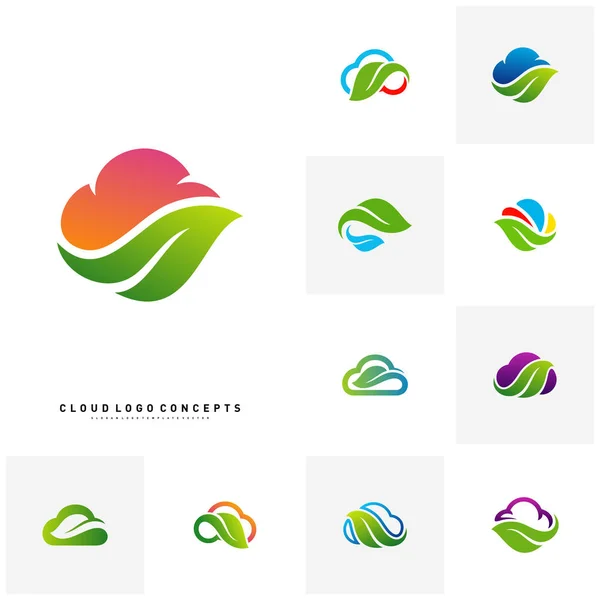 Conjunto de Naturaleza Cloud Logo Design Concept Vector. Nube con Vector de Plantilla de Logo Hoja — Vector de stock