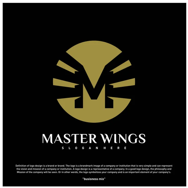 Logo de la lettre Wings M. Modèle initial de logo M Wings. Alphabet créatif doré, emblème aérien - Vecteur — Image vectorielle
