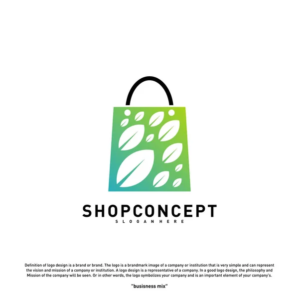 Nature shop logo design konzept. Einkaufszentrum mit Blatt-Logo-Vektor. Geschäft und Geschenke Symbol. — Stockvektor