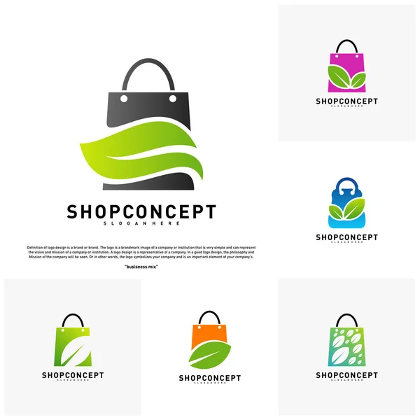 Set von Natur-Shop-Logo-Design-Konzept. Einkaufszentrum mit Blatt-Logo-Vektor. Geschäft und Geschenke Symbol. — Stockvektor