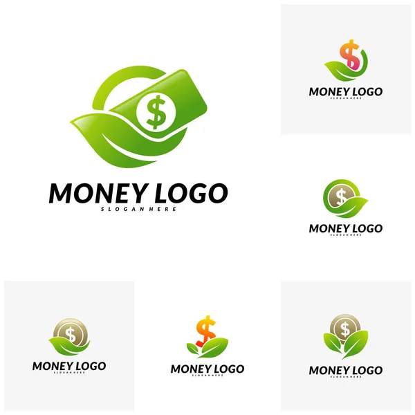 Yeşil Para Logosu Tasarım Vektörü. Yaprak logo şablonlu sikke