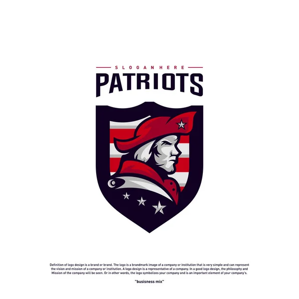 Patriots Logo Design Vector. Cabeça Patriots Logo Design Template. Patriots Shield logo Conceito —  Vetores de Stock